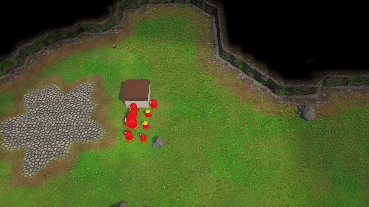Fog of war in the Gameplay Demo: units and a start building, the area behind a higher cliff is black